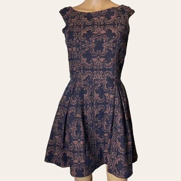 Addie|Fit & Flare Dress|Small|Brown Black|Knee Length|Sleeveless|Pleated|Cotton - Picture 1 of 15